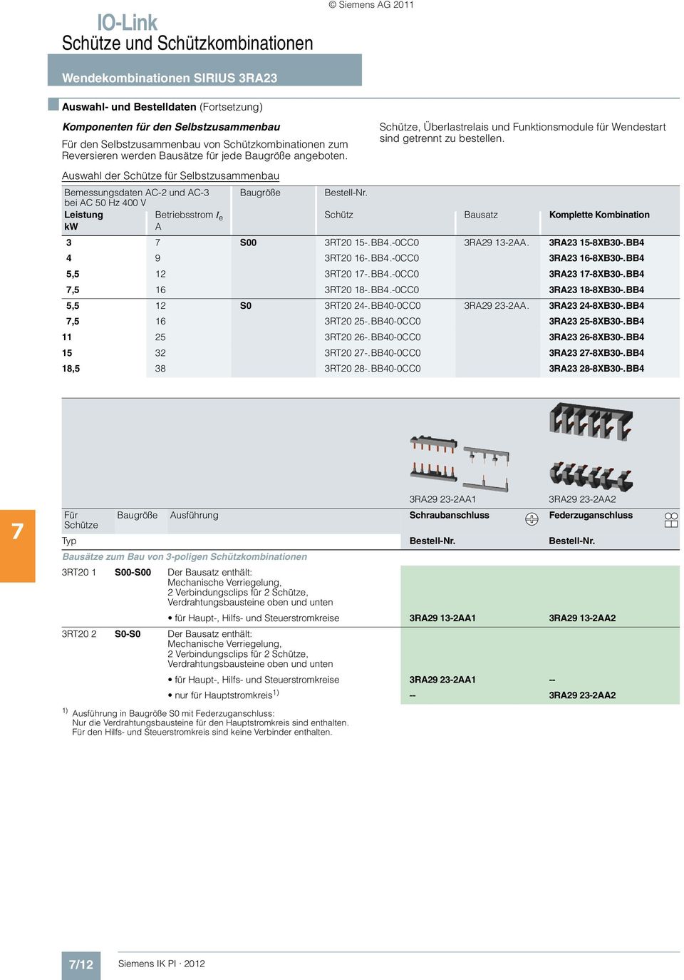 Auswahl der Schütze für Selbstzusammenbau Bemessungsdaten AC-2 und AC-3 Baugröße Bestell-Nr. bei AC 50 Hz 400 V Leistung Betriebsstrom I e Schütz Bausatz Komplette Kombination kw A 3 S00 3RT20 15-.