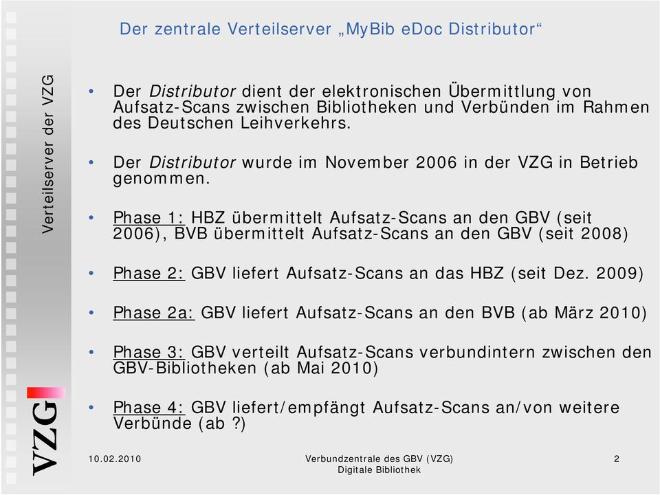 Phase 1: HBZ übermittelt Aufsatz-Scans an den GBV (seit 2006), BVB übermittelt Aufsatz-Scans an den GBV (seit 2008) Phase 2: GBV liefert Aufsatz-Scans an das HBZ (seit Dez.