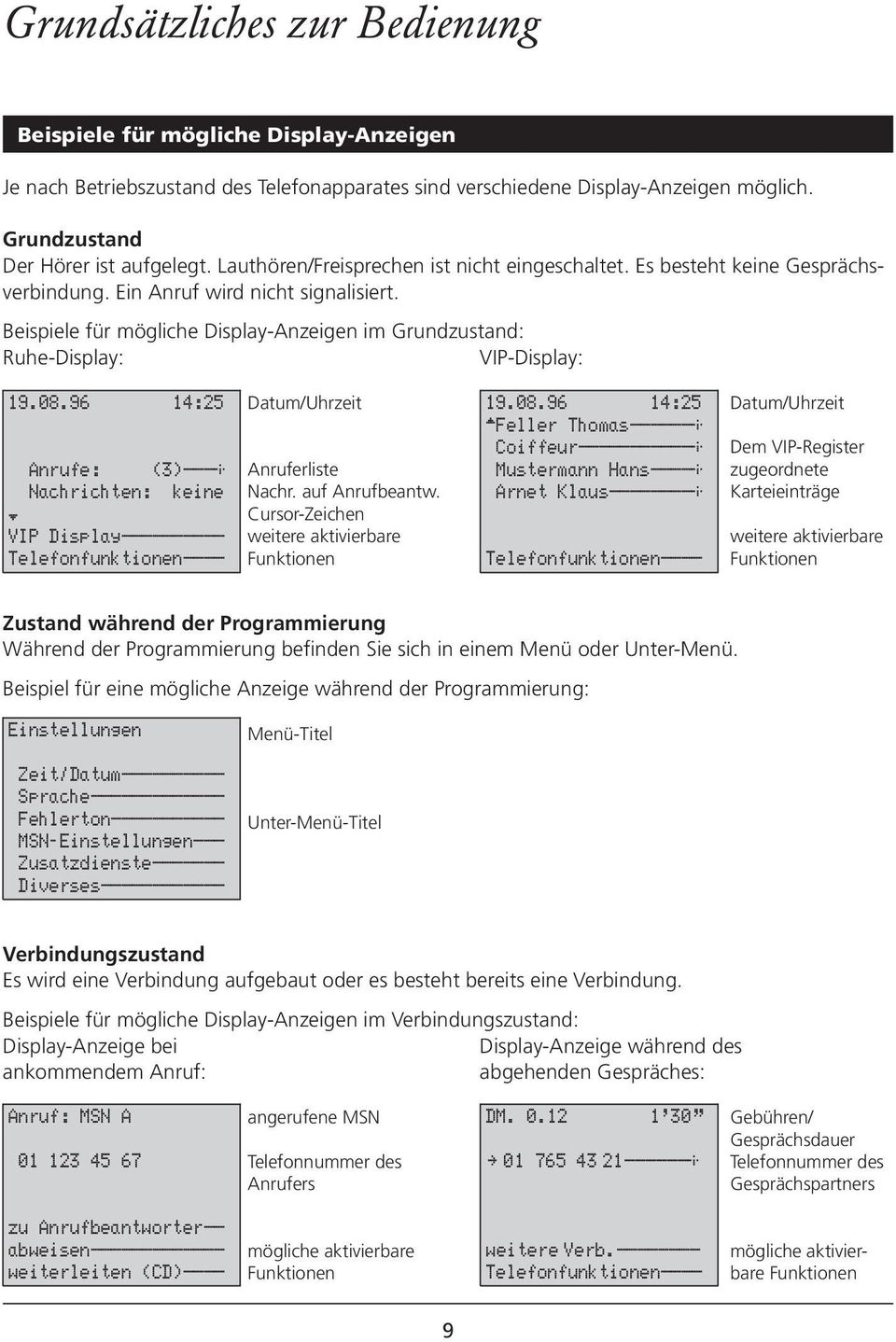 Beispiele für mögliche Display-Anzeigen im Grundzustand: Ruhe-Display: VIP-Display: 19.08.