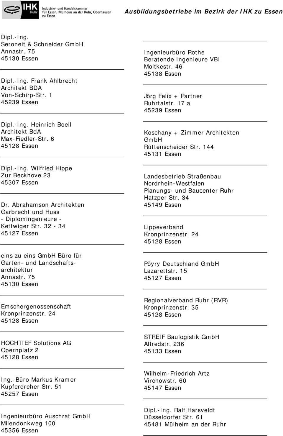 75 45130 Essen Emschergenossenschaft Kronprinzenstr. 24 HOCHTIEF Solutions AG Opernplatz 2 Ing.-Büro Markus Kramer Kupferdreher Str.