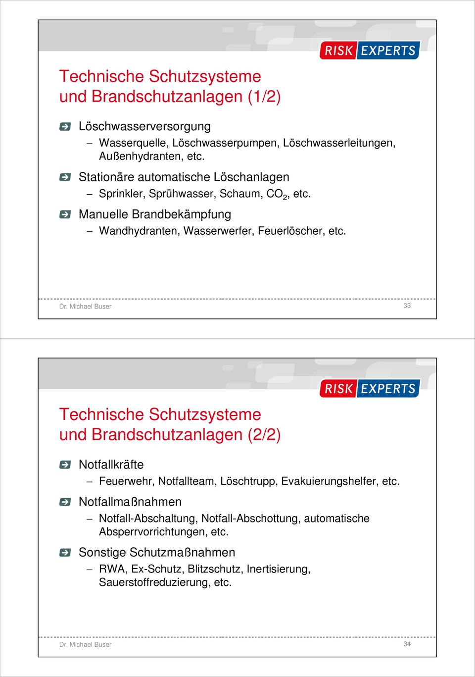 33 Technische Schutzsysteme und Brandschutzanlagen (2/2) Notfallkräfte Feuerwehr, Notfallteam, Löschtrupp, Evakuierungshelfer, etc.