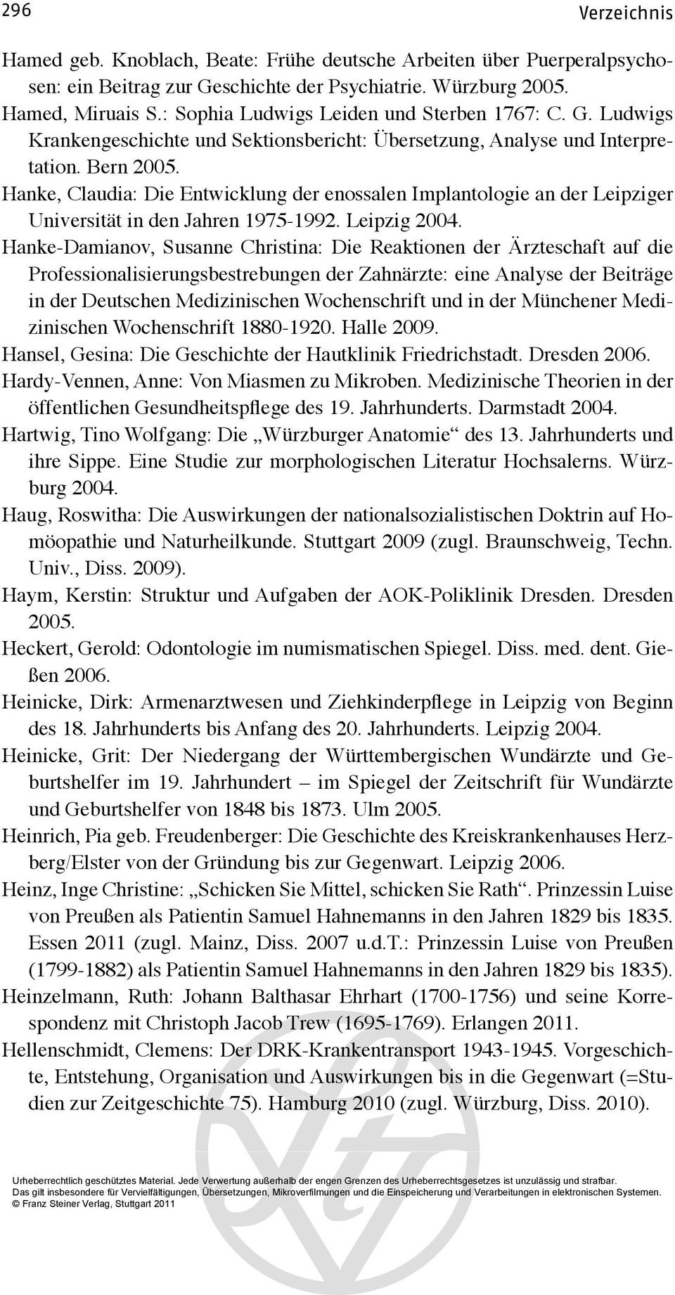 Hanke, Claudia: Die Entwicklung der enossalen Implantologie an der Leipziger Universität in den Jahren 1975-1992. Leipzig 2004.