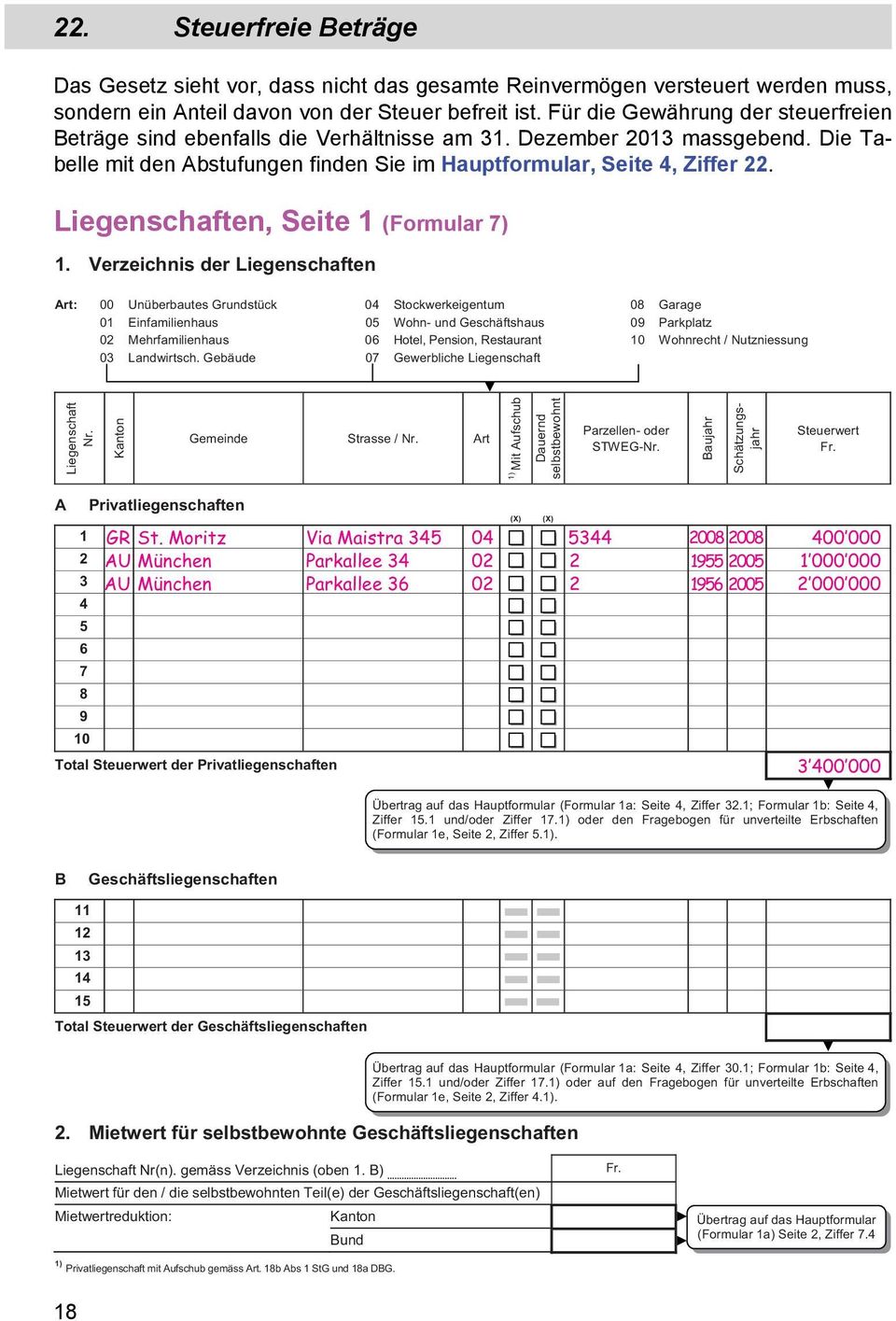 Liegenschaften, Seite 1 (Formular 7) 1.