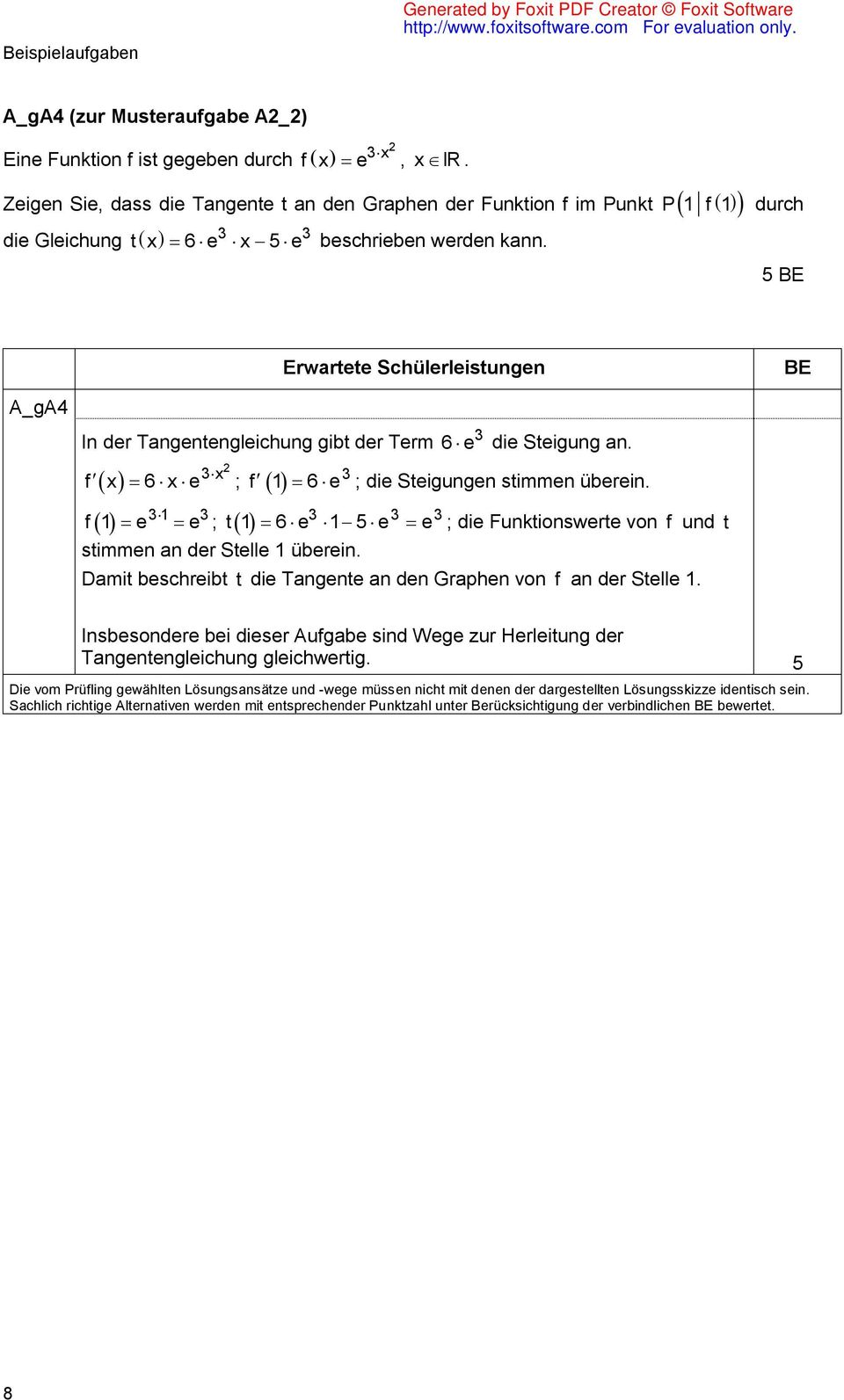 P f durch 5 A_gA4 In der Tangentengleichung gibt der Term x ; f 6 e f x 6 x e 6 e die Steigung an. ; die Steigungen stimmen überein.