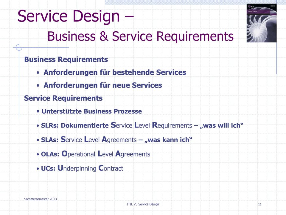Prozesse SLRs: Dokumentierte Service Level Requirements was will ich SLAs: Service Level