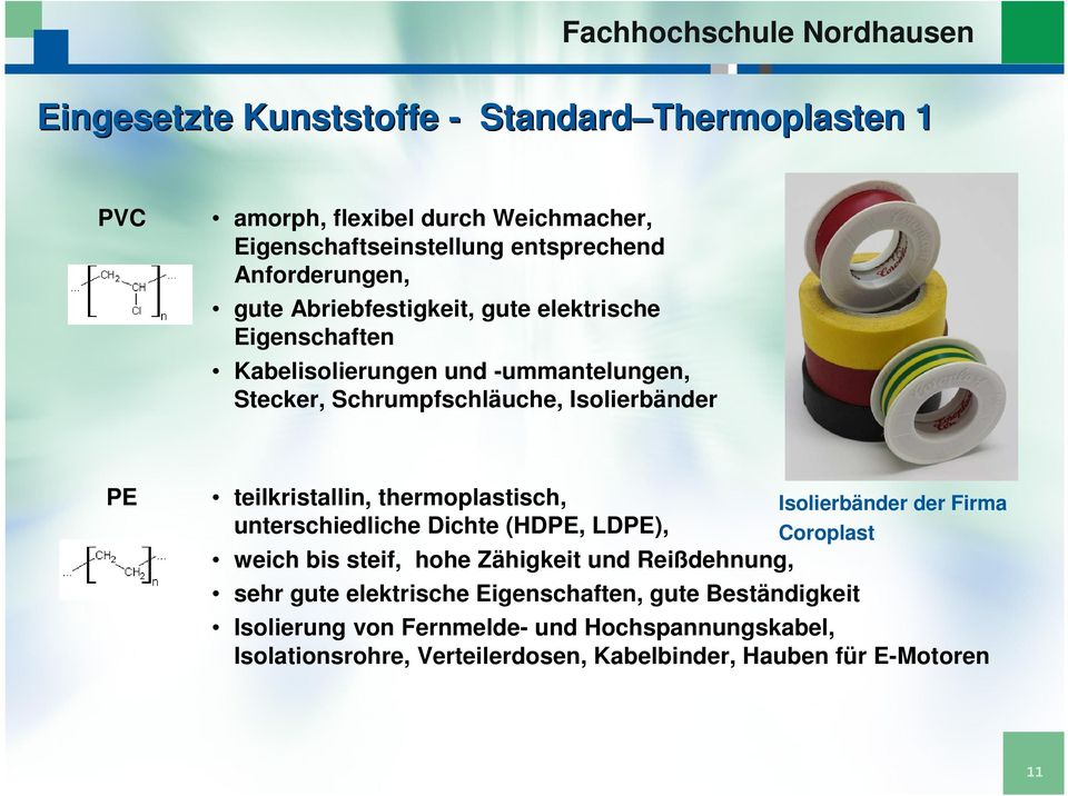 thermoplastisch, Isolierbänder der Firma unterschiedliche Dichte (HDPE, LDPE), Coroplast weich bis steif, hohe Zähigkeit und Reißdehnung, sehr gute