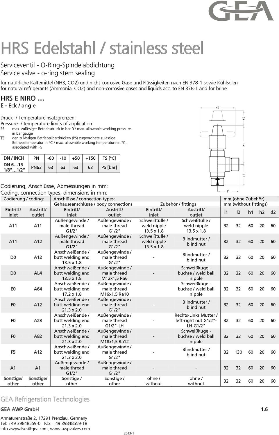 to EN 3781 and for brine HRS E NIRO E Eck / angle Druck / Temperatureinsatzgrenzen: Pressure / temperature limits of application: PS: TS: max. zulässiger Betriebsdruck in bar ü / max.