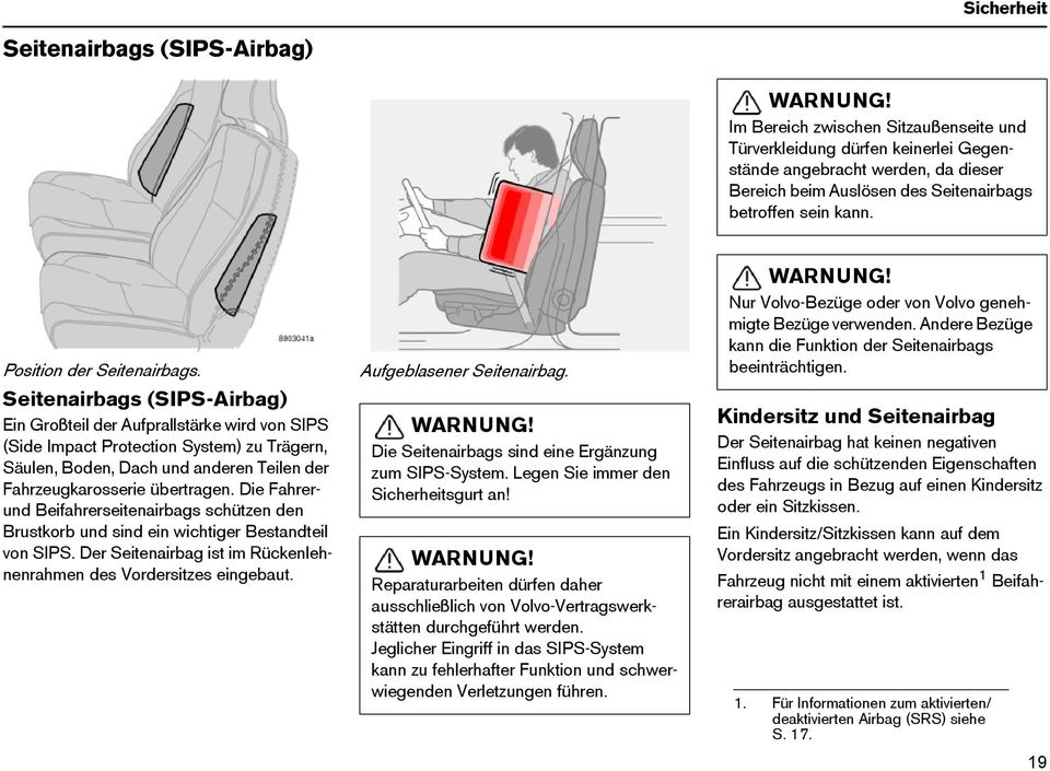 Seitenairbags (SIPS-Airbag) Ein Großteil der Aufprallstärke wird von SIPS (Side Impact Protection System) zu Trägern, Säulen, Boden, Dach und anderen Teilen der Fahrzeugkarosserie übertragen.