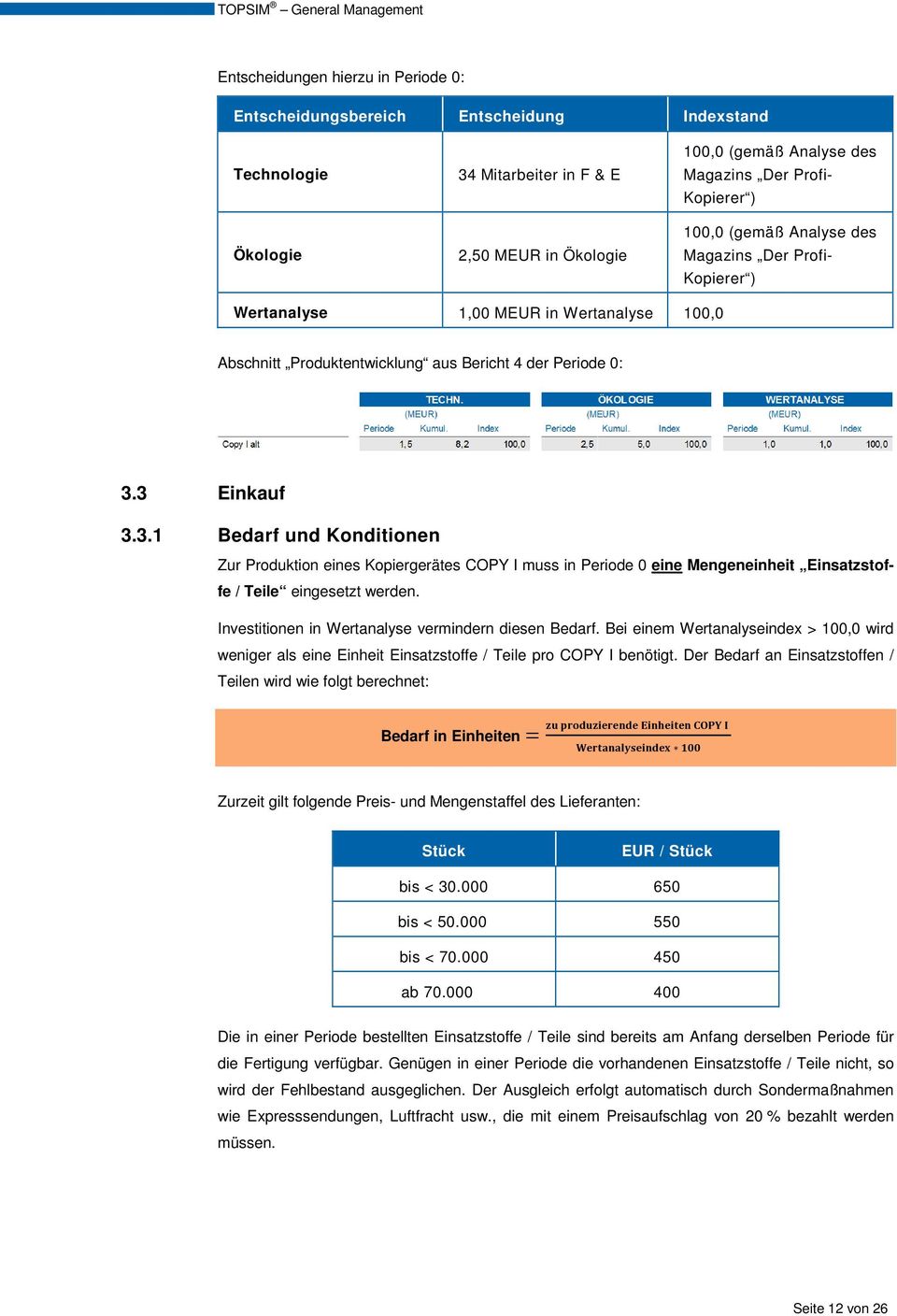 3 3.3.1 Einkauf Bedarf und Konditionen Zur Produktion eines Kopiergerätes COPY I muss in Periode 0 eine Mengeneinheit Einsatzstoffe / Teile eingesetzt werden.