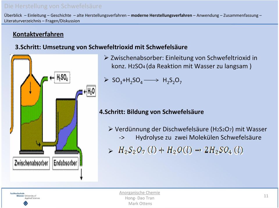 Schritt: Umsetzung von Schwefeltrioxid mit Schwefelsäure Zwischenabsorber: Einleitung von Schwefeltrioxid in konz.