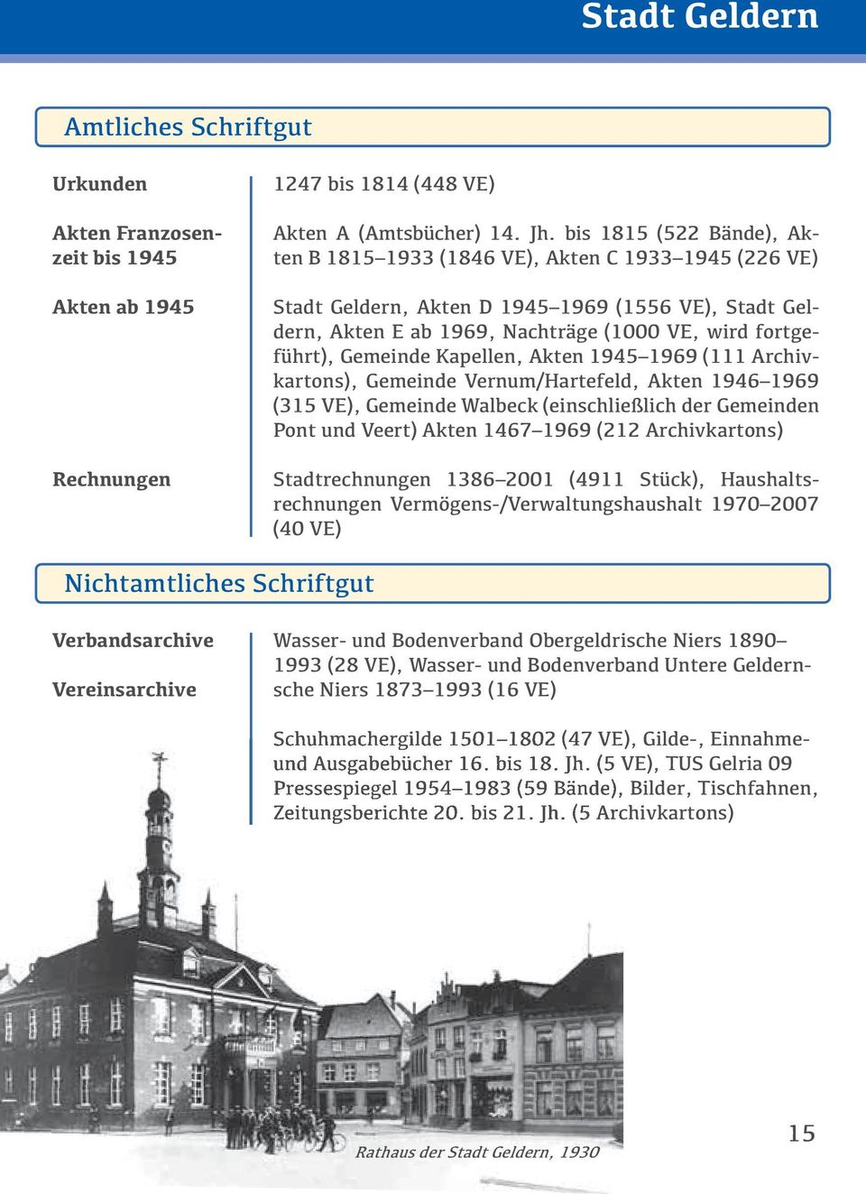 Gemeinde Kapellen, Akten 1945 1969 (111 Archivkartons), Gemeinde Vernum/Hartefeld, Akten 1946 1969 (315 VE), Gemeinde Walbeck (einschließlich der Gemeinden Pont und Veert) Akten 1467 1969 (212