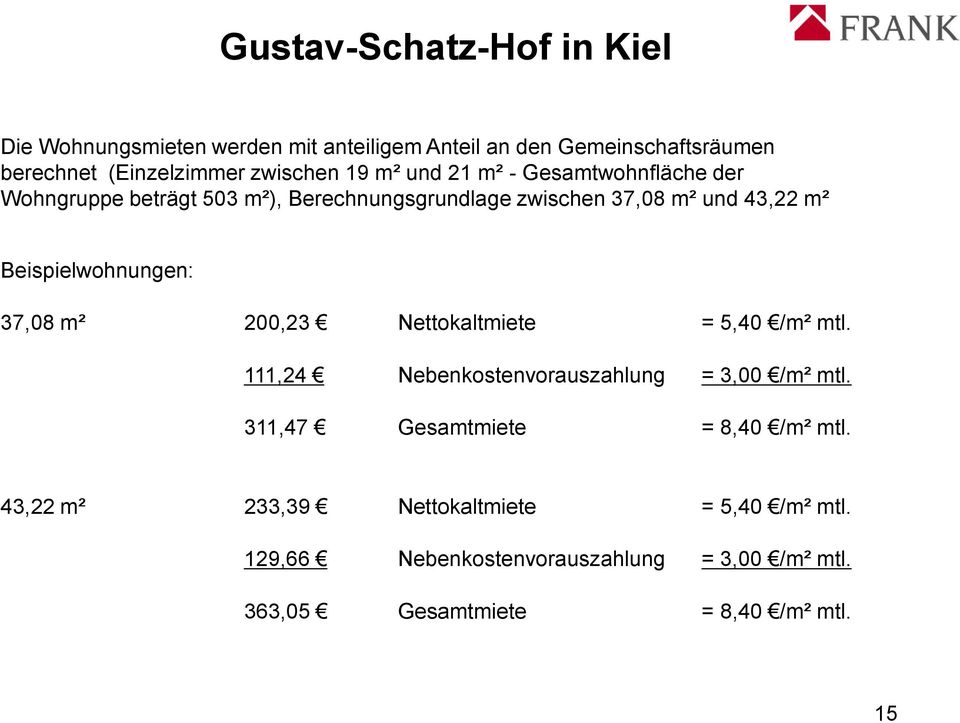 Beispielwohnungen: 37,08 m² 200,23 Nettokaltmiete = 5,40 /m² mtl. 111,24 Nebenkostenvorauszahlung = 3,00 /m² mtl.