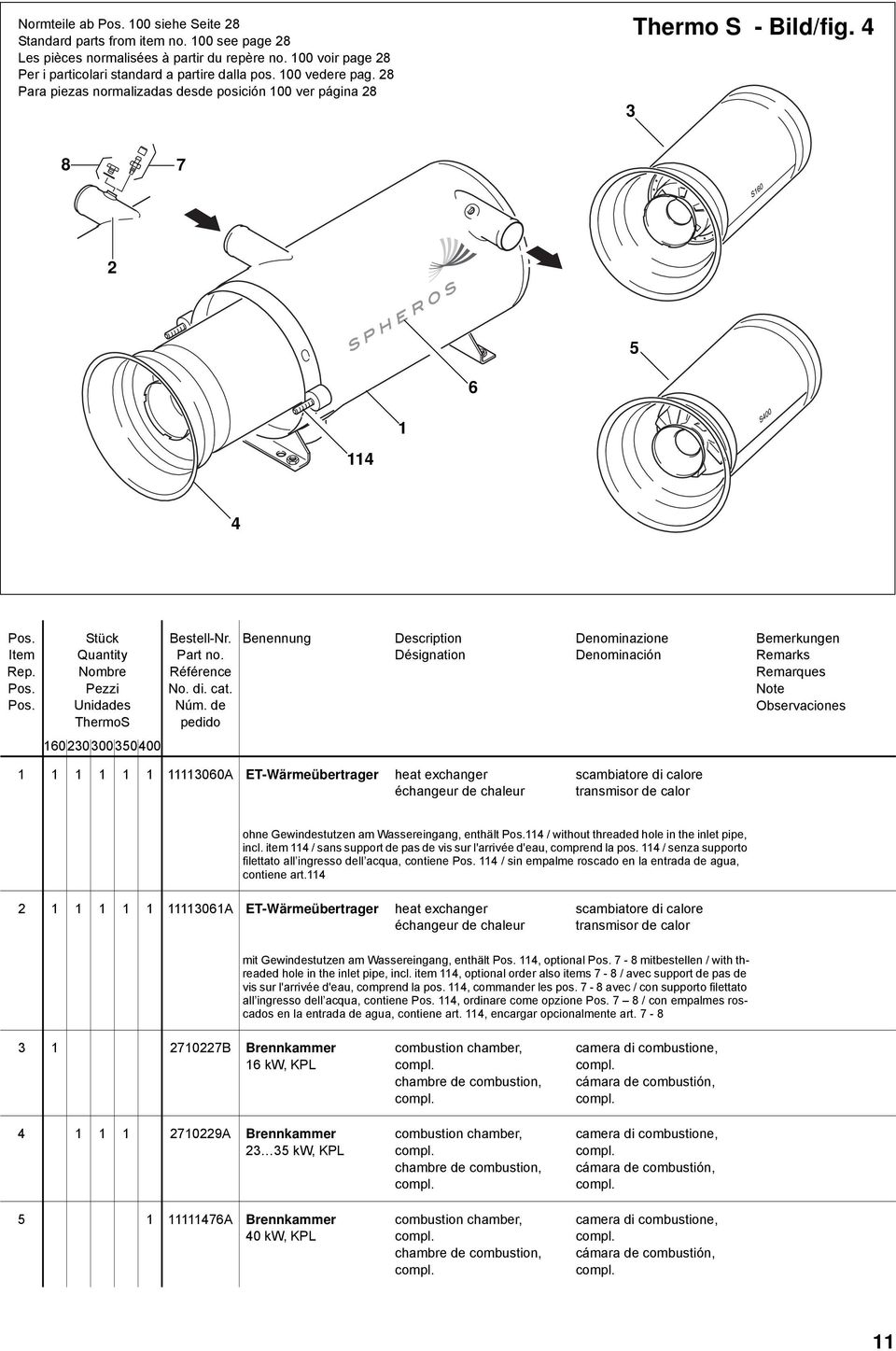 4 8 7 2 6 1 114 4 1 1 1 1 1 1 11113060A ET-Wärmeübertrager heat exchanger échangeur de chaleur scambiatore di calore transmisor de calor ohne Gewindestutzen am Wassereingang, enthält 114 / without