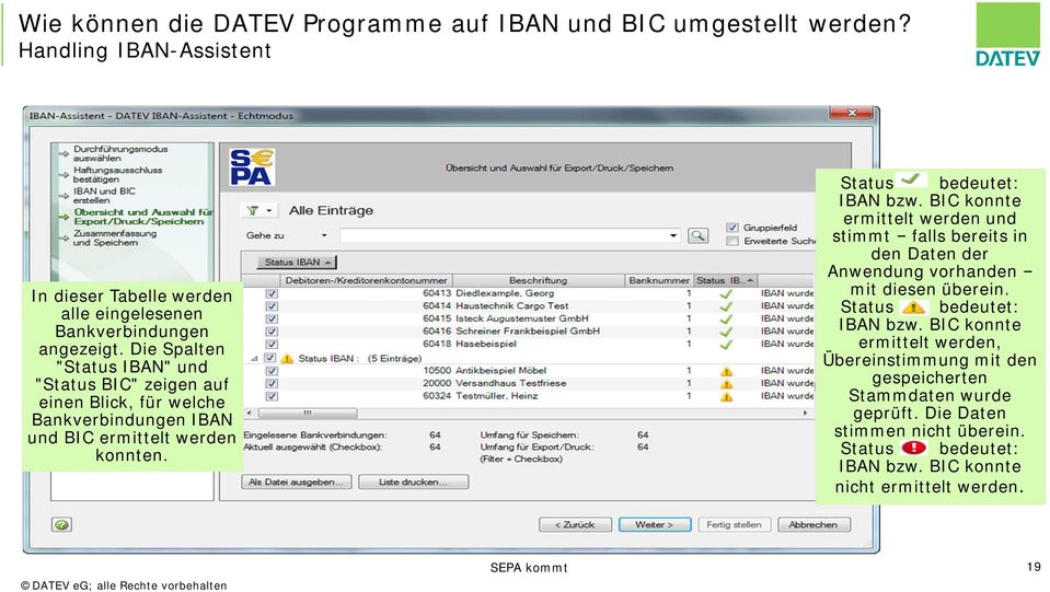 BIC konnte ermittelt werden und stimmt falls bereits in den Daten der Anwendung vorhanden mit diesen überein. Status bedeutet: IBAN bzw.