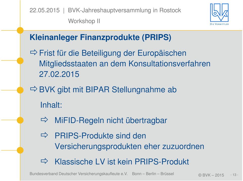 2015 BVK gibt mit BIPAR Stellungnahme ab Inhalt: MiFID-Regeln nicht übertragbar