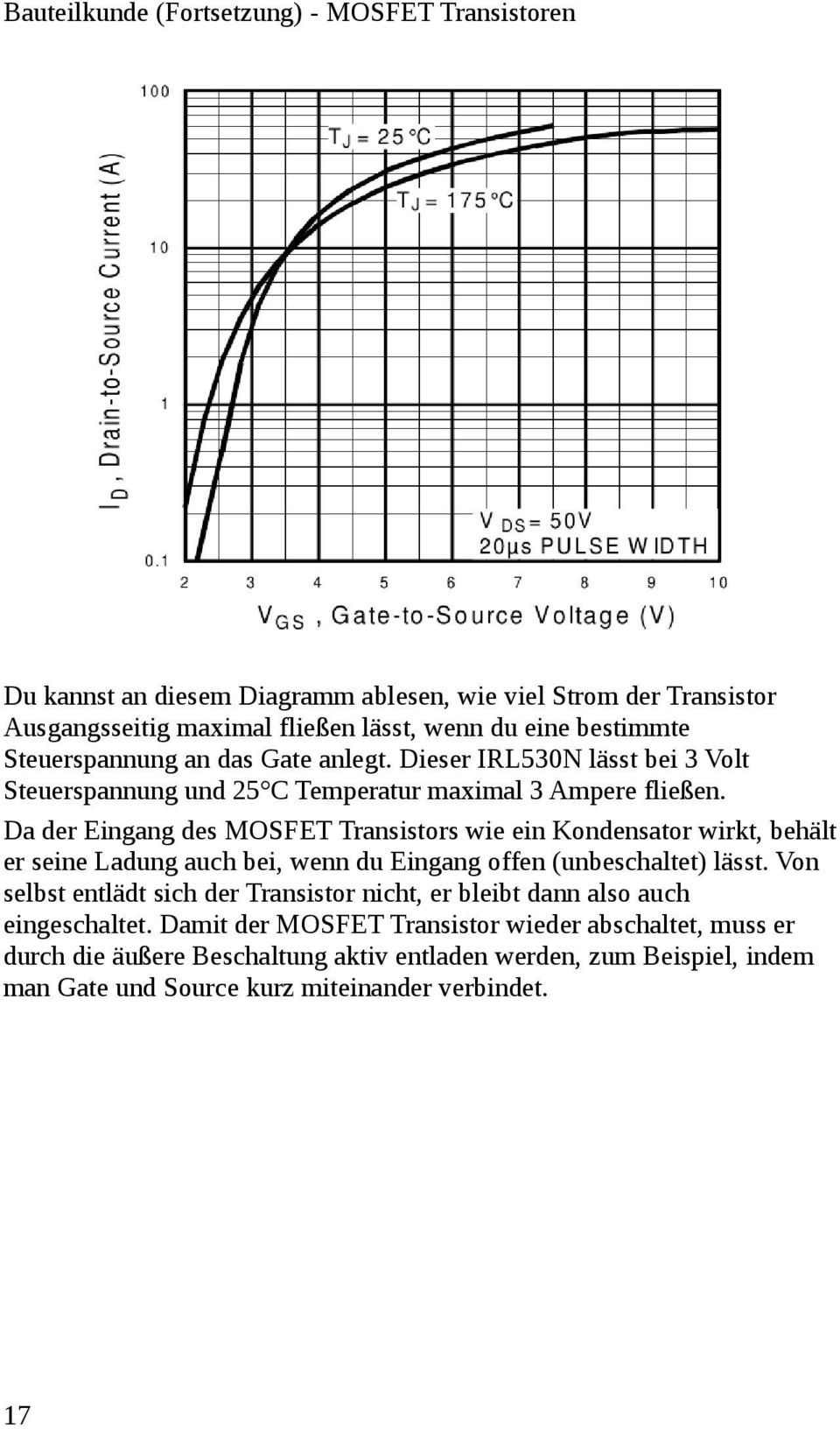 Da der Eingang des MOSFET Transistors wie ein Kondensator wirkt, behält er seine Ladung auch bei, wenn du Eingang offen (unbeschaltet) lässt.