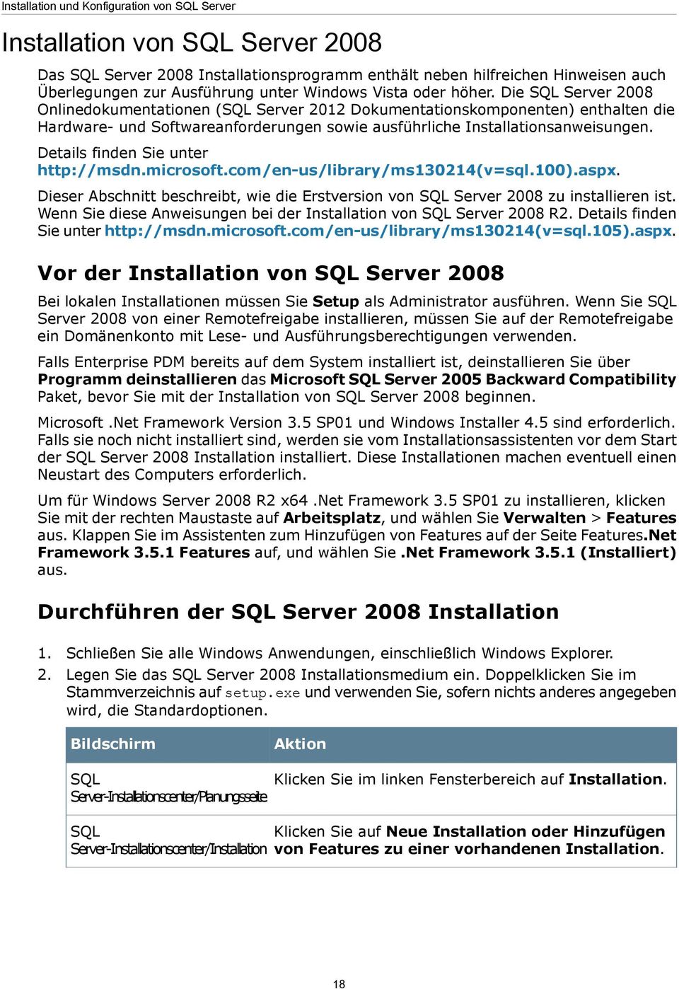 Die SQL Server 2008 Onlinedokumentationen (SQL Server 2012 Dokumentationskomponenten) enthalten die Hardware- und Softwareanforderungen sowie ausführliche Installationsanweisungen.