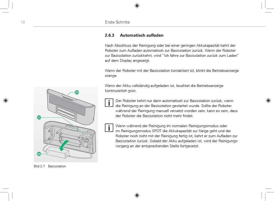 Wenn der Roboter mit der Basisstation kontaktiert ist, blinkt die Betriebsanzeige orange. 24 Wenn der Akku vollständig aufgeladen ist, leuchtet die Betriebsanzeige kontinuierlich grün.