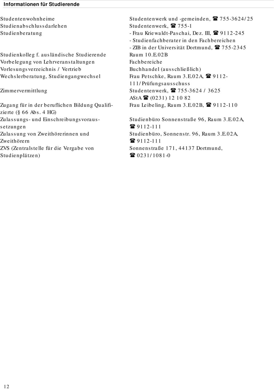02B Vorbelegung von Lehrveranstaltungen Fachbereiche Vorlesungsverzeichnis / Vertrieb Buchhandel (ausschließlich) Wechslerberatung, Studiengangwechsel Frau Petschke, Raum 3.E.