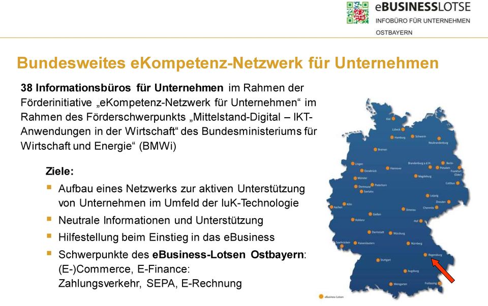 Energie (BMWi) Ziele: Aufbau eines Netzwerks zur aktiven Unterstützung von Unternehmen im Umfeld der IuK-Technologie Neutrale Informationen und