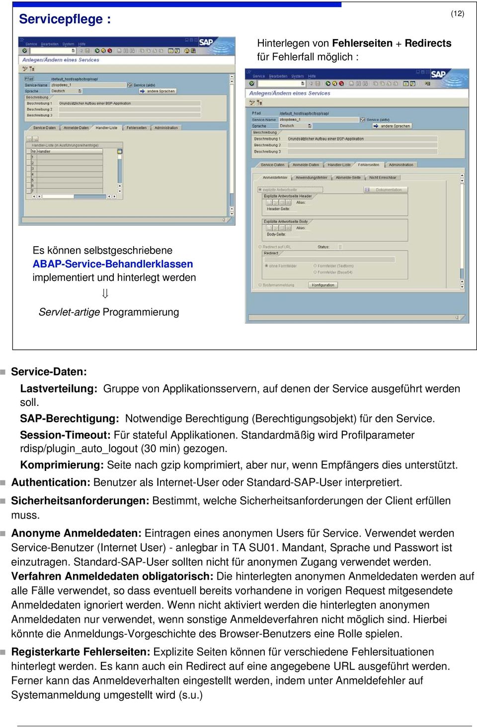 SAP-Berechtigung: Notwendige Berechtigung (Berechtigungsobjekt) für den Service. Session-Timeout: Für stateful Applikationen.