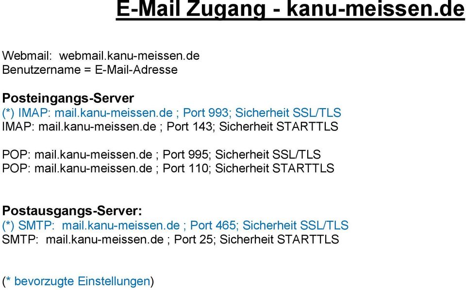kanu-meissen.de ; Port 110; Sicherheit STARTTLS Postausgangs-Server: (*) SMTP: mail.kanu-meissen.de ; Port 465; Sicherheit SSL/TLS SMTP: mail.