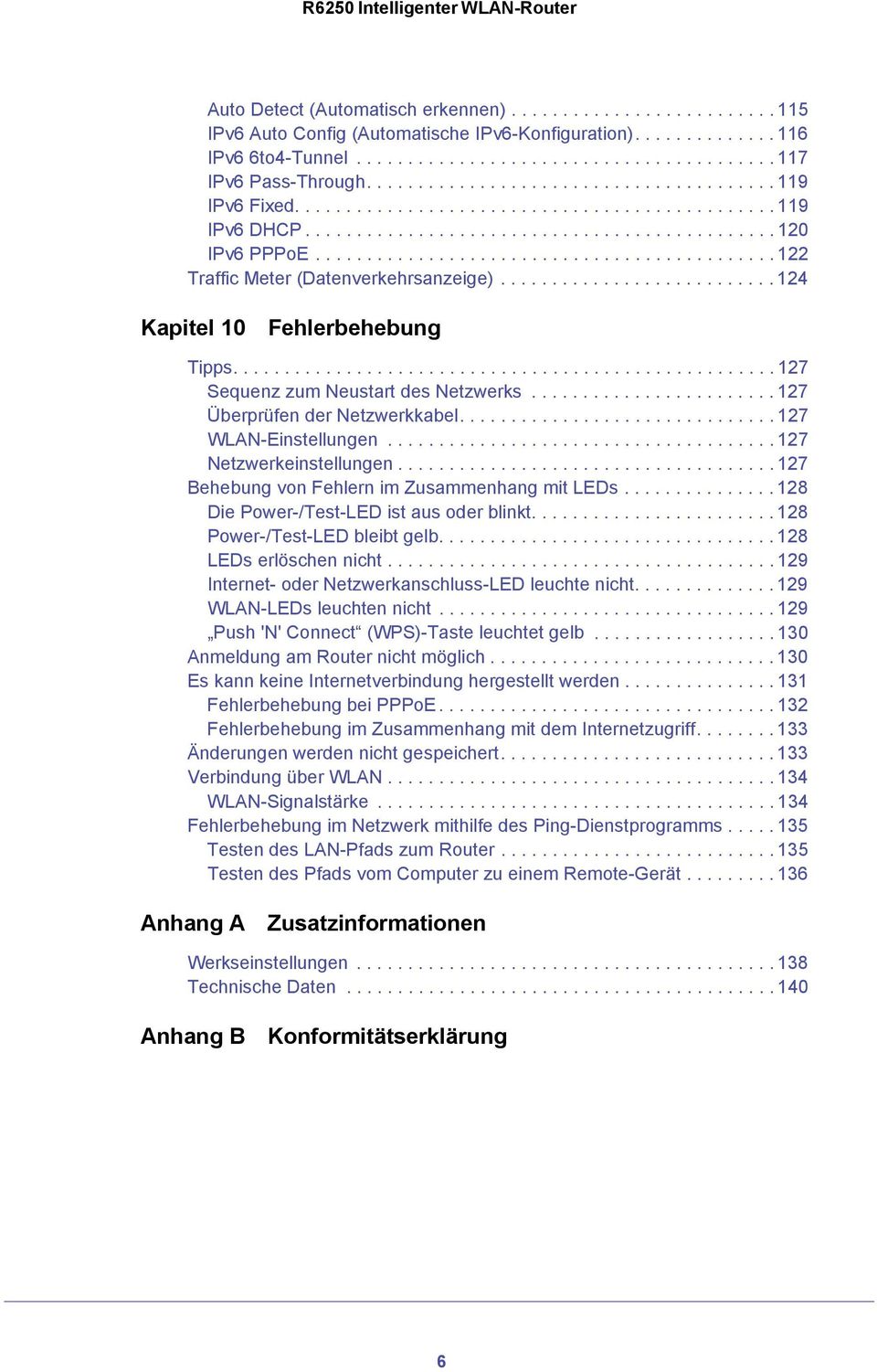 ............................................ 122 Traffic Meter (Datenverkehrsanzeige)........................... 124 Kapitel 10 Fehlerbehebung Tipps..................................................... 127 Sequenz zum Neustart des Netzwerks.