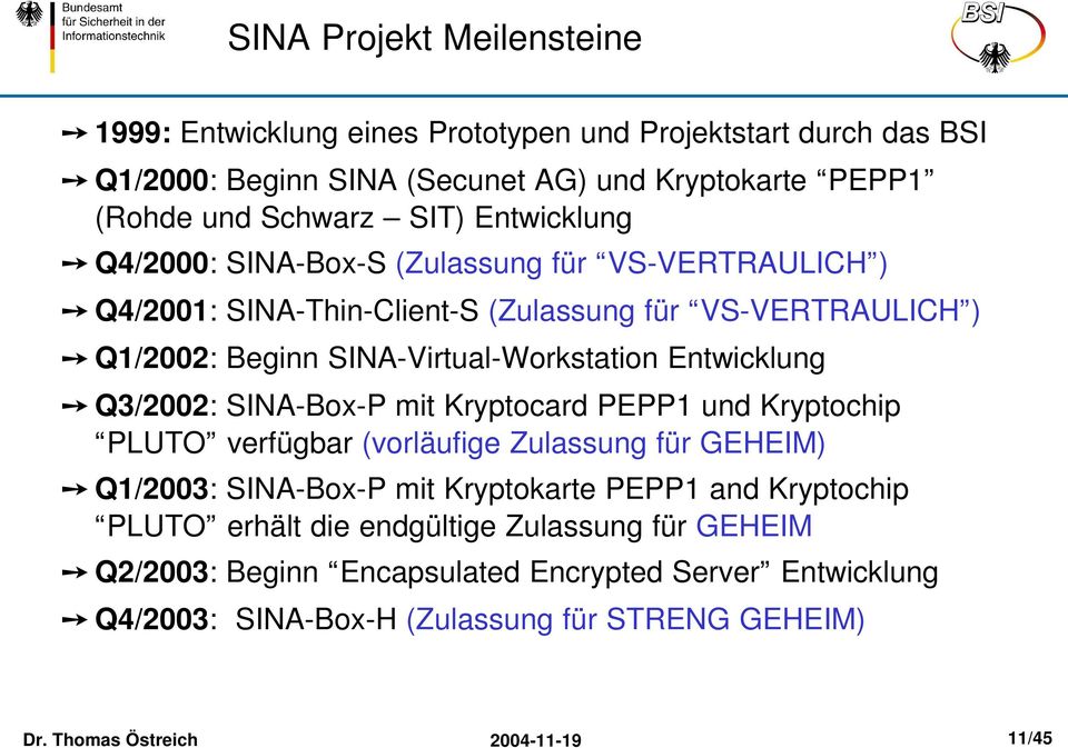 SINA-Virtual-Workstation Entwicklung Q3/2002: SINA-Box-P mit Kryptocard PEPP1 und Kryptochip PLUTO verfügbar (vorläufige Zulassung für GEHEIM) Q1/2003: SINA-Box-P mit