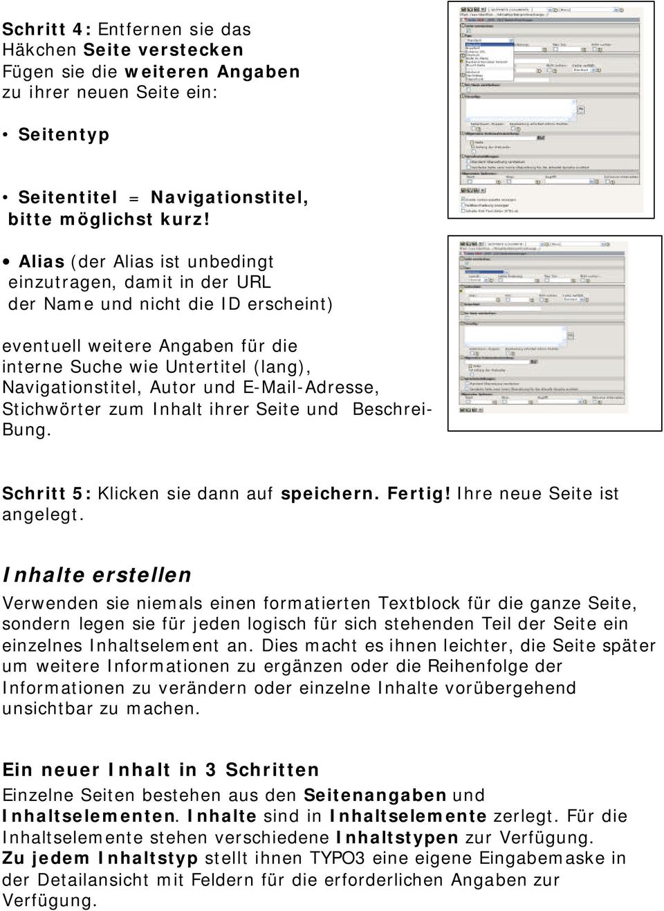 E-Mail-Adresse, Stichwörter zum Inhalt ihrer Seite und Beschrei- Bung. Schritt 5: Klicken sie dann auf speichern. Fertig! Ihre neue Seite ist angelegt.