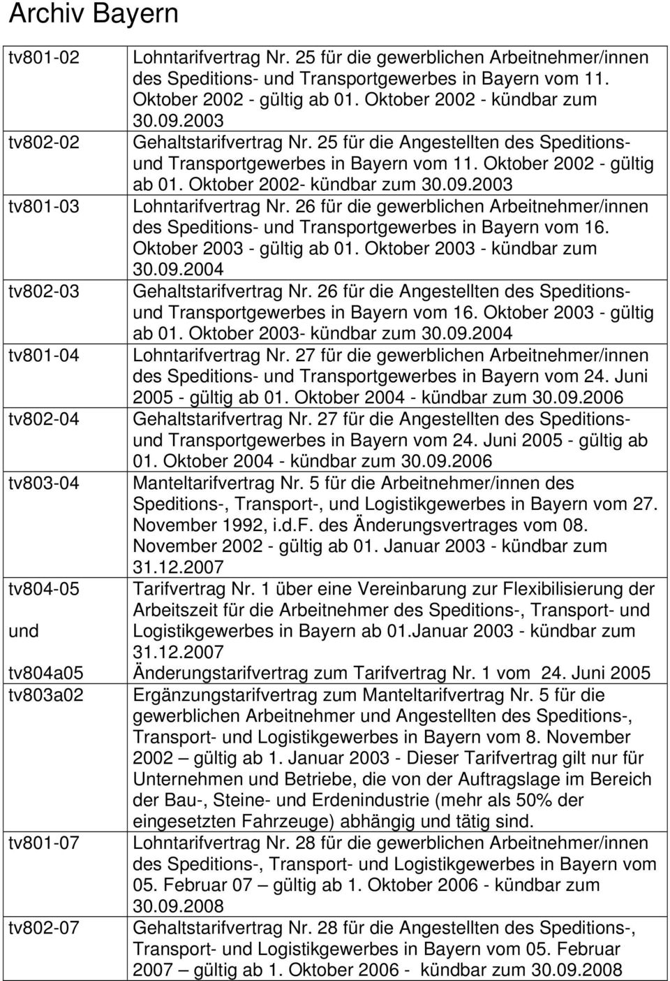 25 für die Angestellten des Speditionsund Transportgewerbes in Bayern vom 11. Oktober 2002 - gültig ab 01. Oktober 2002- kündbar zum 30.09.2003 Lohntarifvertrag Nr.
