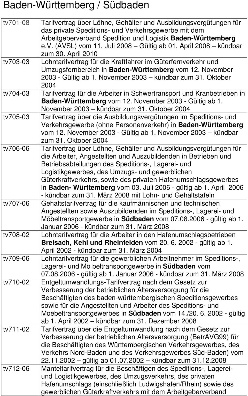 April 2010 Lohntarifvertrag für die Kraftfahrer im Güterfernverkehr und Umzugsfernbereich in Baden-Württemberg vom 12. November 2003 - Gültig ab 1. November 2003 kündbar zum 31.