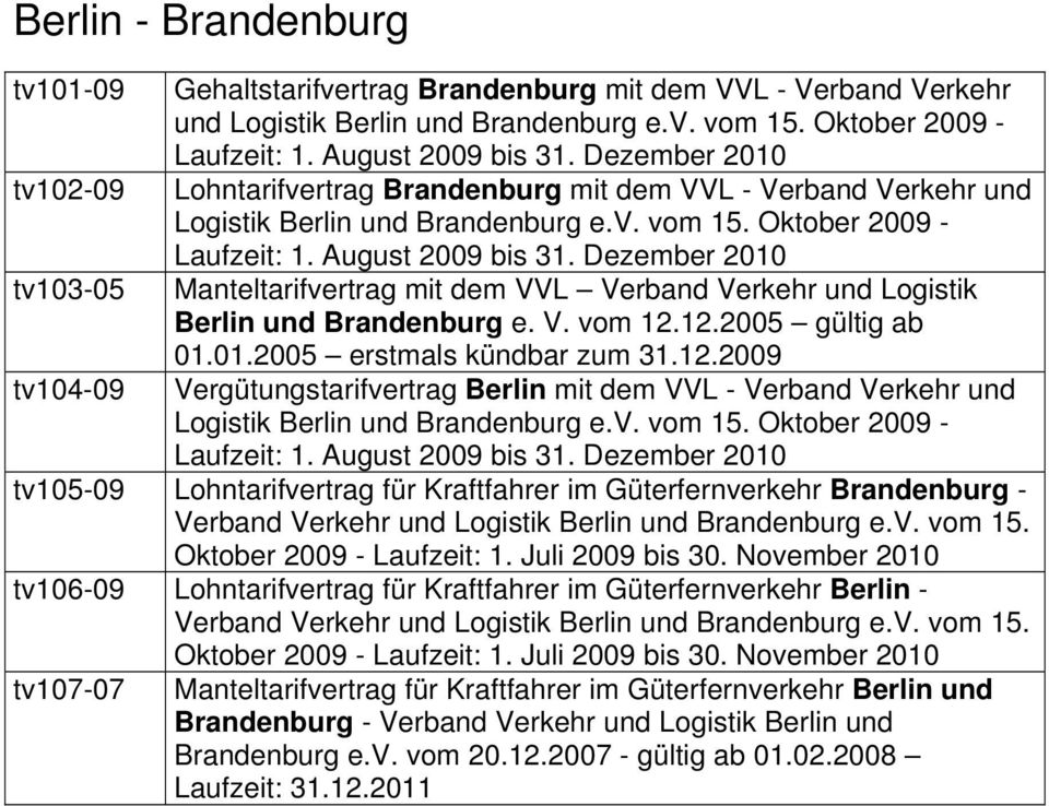 Dezember 2010 Manteltarifvertrag mit dem VVL Verband Verkehr und Logistik Berlin und Brandenburg e. V. vom 12.