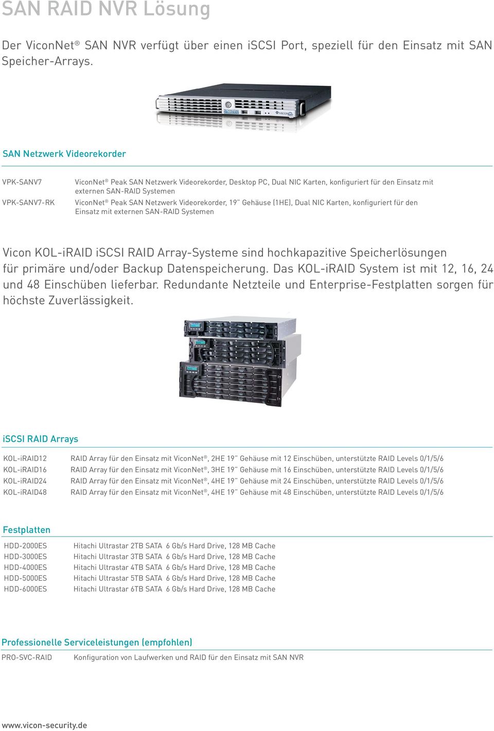 Netzwerk Videorekorder, 19 Gehäuse (1HE), Dual NIC Karten, konfiguriert für den Einsatz mit externen SAN-RAID Systemen Vicon KOL-iRAID iscsi RAID Array-Systeme sind hochkapazitive Speicherlösungen