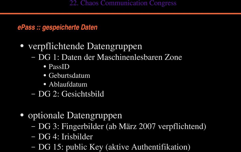 Gesichtsbild optionale Datengruppen DG 3: Fingerbilder (ab März 2007