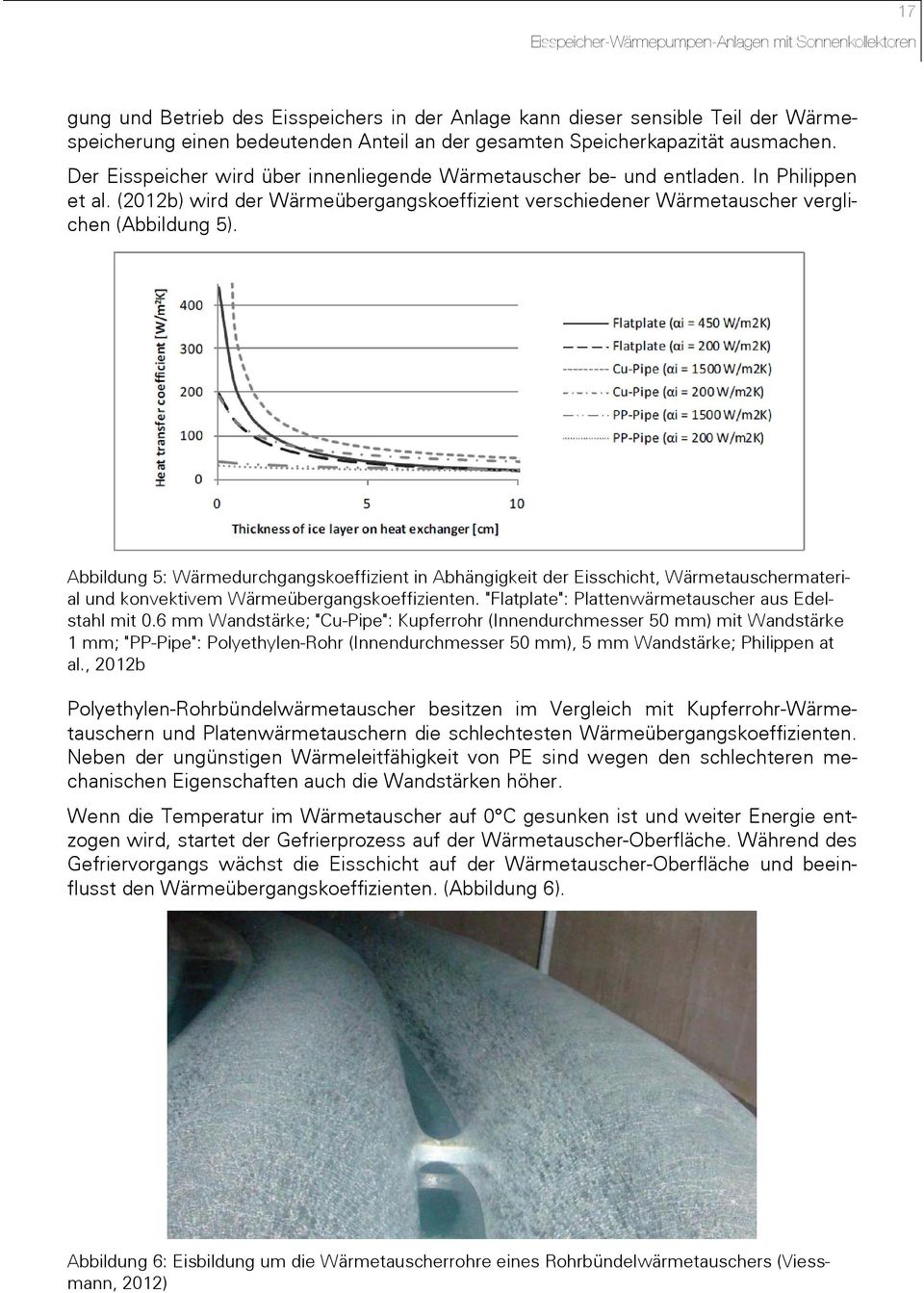 Abbildung 5: Wärmedurchgangskoeffizient in Abhängigkeit der Eisschicht, Wärmetauschermaterial und konvektivem Wärmeübergangskoeffizienten. "Flatplate": Plattenwärmetauscher aus Edelstahl mit 0.