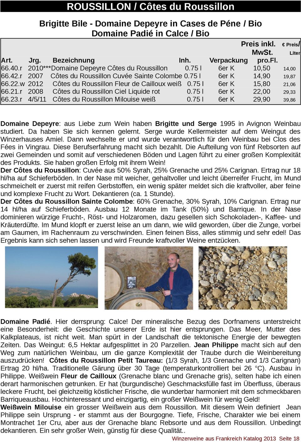 22,00 4/5/11 Côtes du Roussillon Milouise weiß 29,90 14,00 19,87 21,06 29,33 39,86 Domaine Depeyre: aus Liebe zum Wein haben Brigitte und Serge 1995 in Avignon Weinbau studiert.