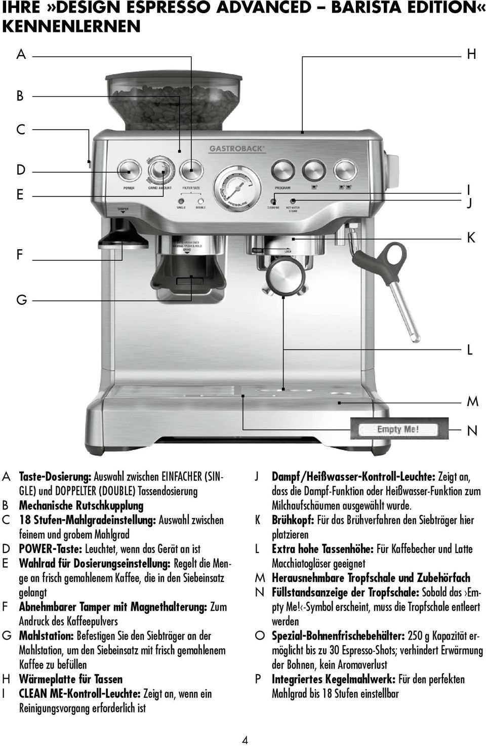 frisch gemahlenem Kaffee, die in den Siebeinsatz gelangt F Abnehmbarer Tamper mit Magnethalterung: Zum Andruck des Kaffeepulvers G Mahlstation: Befestigen Sie den Siebträger an der Mahlstation, um