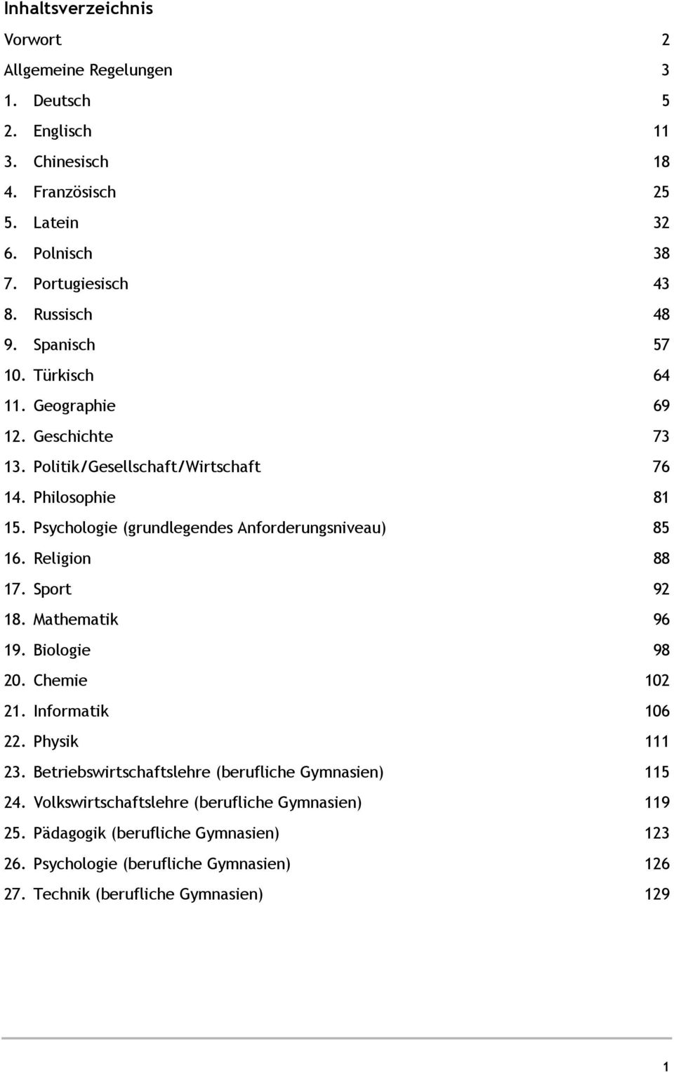 Psychologie (grundlegendes Anforderungsniveau) 85 16. Religion 88 17. Sport 92 18. Mathematik 96 19. Biologie 98 20. Chemie 102 21. Informatik 106 22. Physik 111 23.