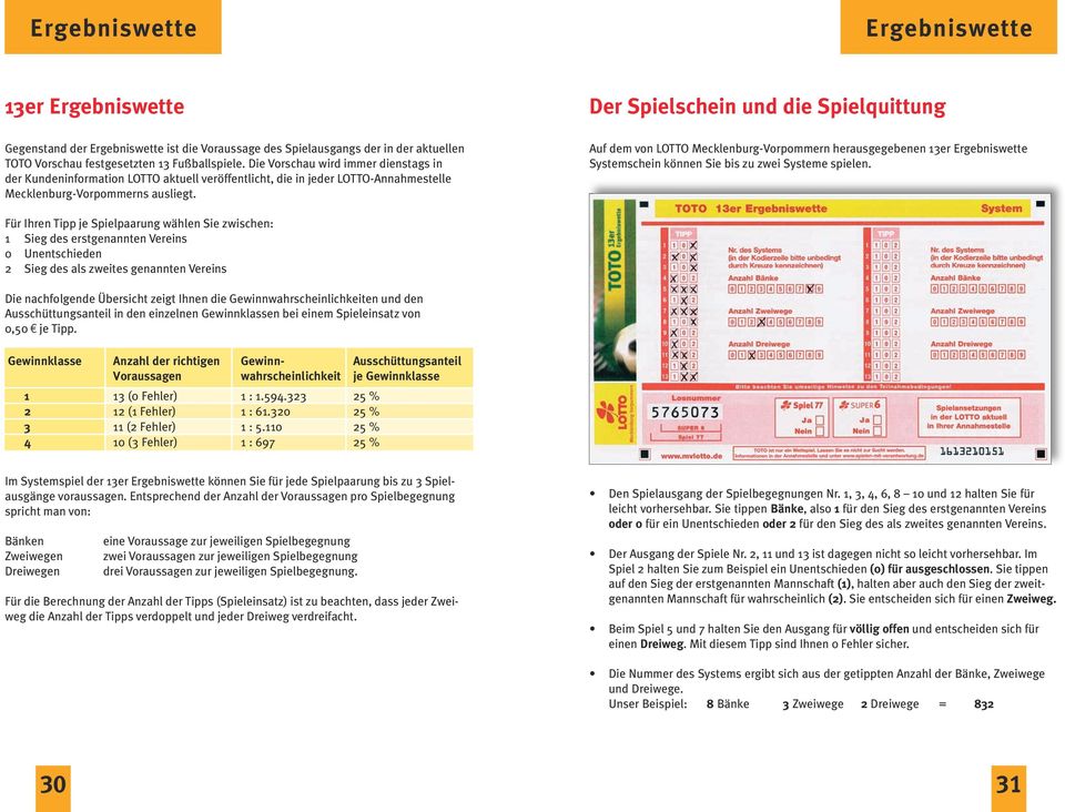 Der Spielschein und die Spielquittung Auf dem von LOTTO Mecklenburg-Vorpommern herausgegebenen er Ergebniswette Systemschein können Sie bis zu zwei Systeme spielen.