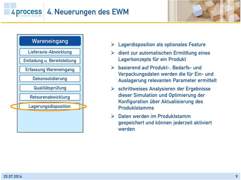 zur automatischen Ermittlung eines Lagerkonzepts für ein Produkt basierend auf Produkt-, Bedarfs- und Verpackungsdaten werden die für Ein- und Auslagerung