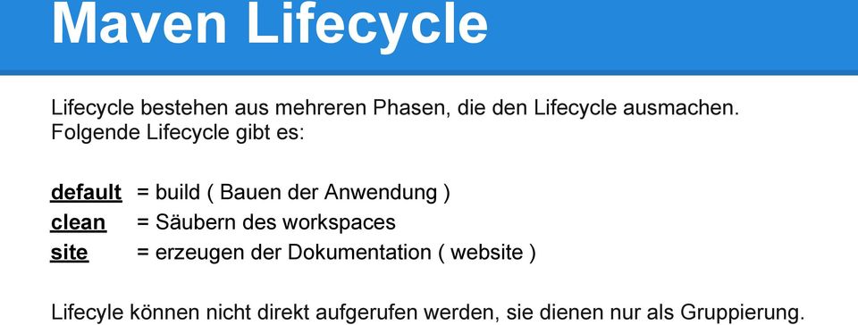 Folgende Lifecycle gibt es: default = build ( Bauen der Anwendung ) clean =
