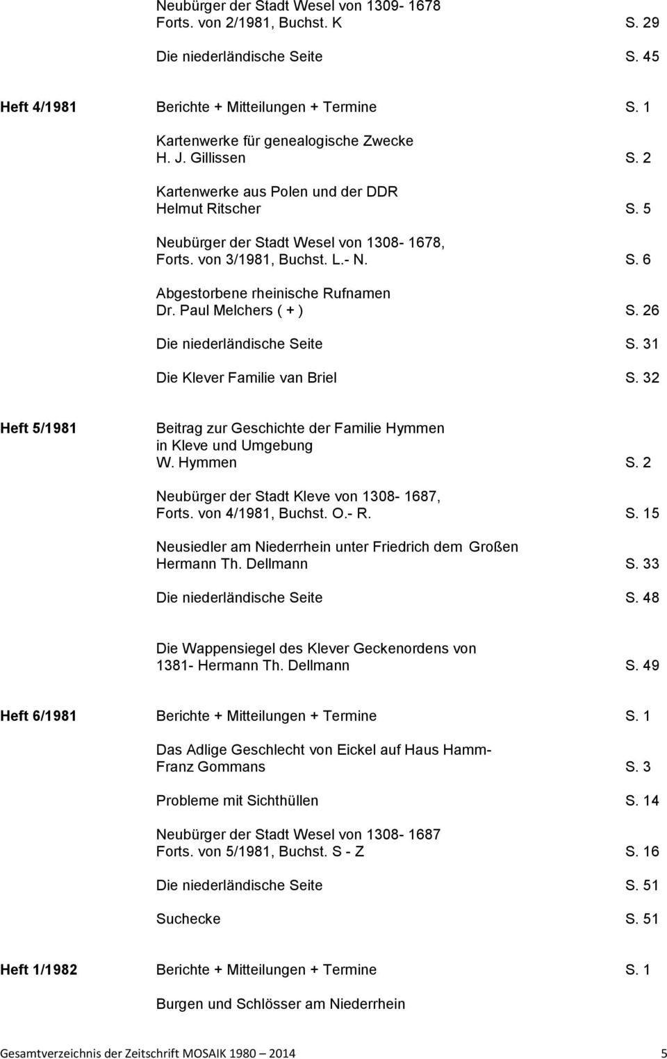 Paul Melchers ( + ) S. 26 Die niederländische Seite S. 31 Die Klever Familie van Briel S. 32 Heft 5/1981 Beitrag zur Geschichte der Familie Hymmen in Kleve und Umgebung W. Hymmen S.