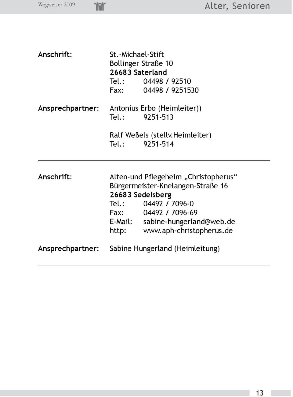 : 9251-514 Ansprechpartner: Alten-und Pflegeheim Christopherus Bürgermeister-Knelangen-Straße 16 26683 Sedelsberg Tel.