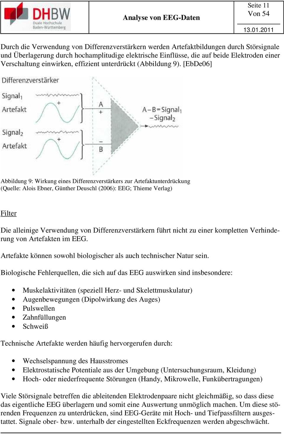 [EbDe06] Abbildung 9: Wirkung eines Differenzverstärkers zur Artefaktunterdrückung (Quelle: Alois Ebner, Günther Deuschl (2006): EEG; Thieme Verlag) Filter Die alleinige Verwendung von