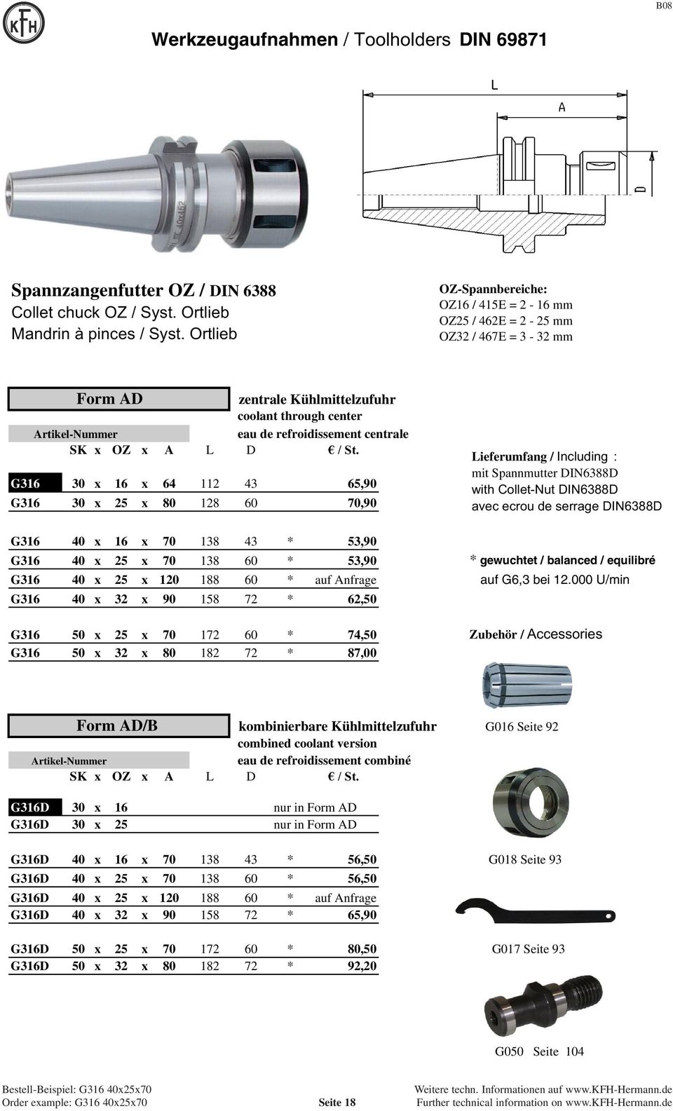 ¼6W G316 30 x 16 x 64 112 43 65,90 G316 30 x 25 x 80 128 60 70,90 Lieferumfang / Including : mit Spannmutter DIN6388D with Collet-Nut DIN6388D avec ecrou de serrage DIN6388D G316 40 x 16 x 70 138 43