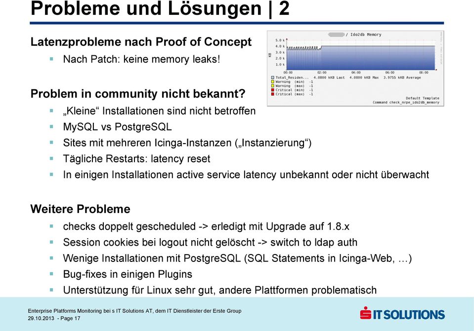 Installationen active service latency unbekannt oder nicht überwacht Weitere Probleme checks doppelt gescheduled -> erledigt mit Upgrade auf 1.8.