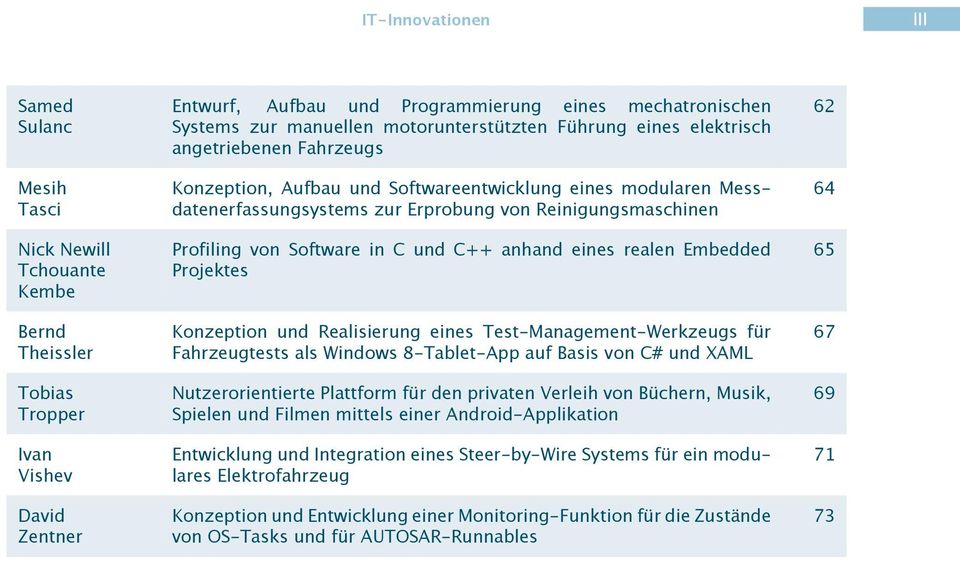 Reinigungsmaschinen Profiling von Software in C und C++ anhand eines realen Embedded Projektes Konzeption und Realisierung eines Test-Management-Werkzeugs für Fahrzeugtests als Windows 8-Tablet-App
