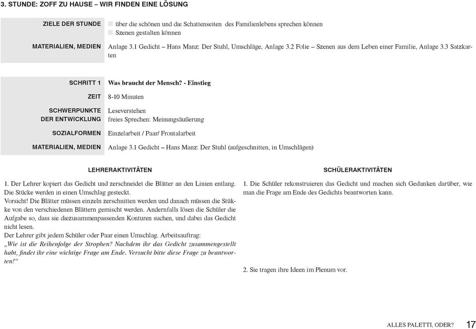 - Einstieg 8-10 Minuten Leseverstehen freies Sprechen: Meinungsäußerung Einzelarbeit / Paar/ Frontalarbeit Anlage 3.1 Gedicht Hans Manz: Der Stuhl (aufgeschnitten, in Umschlägen) 1.