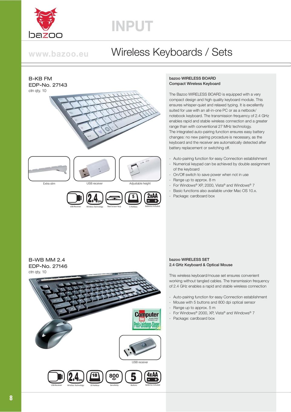 It is excellently suited for use with an all-in-one PC or as a netbook/ notebook keyboard. The transmission frequency of 2.