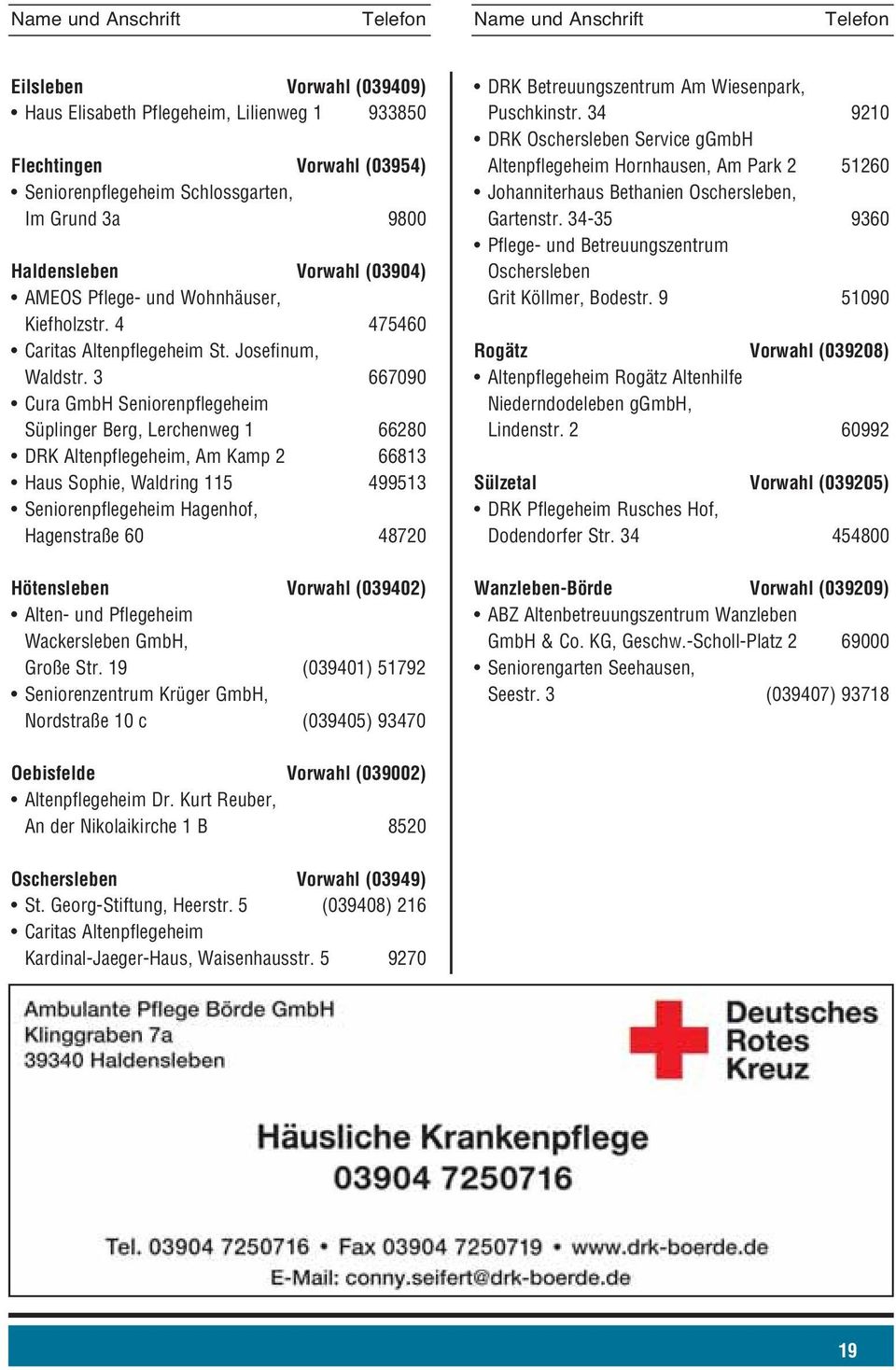 3 667090 Cura GmbH Seniorenpflegeheim Süplinger Berg, Lerchenweg 1 66280 DRK Altenpflegeheim, Am Kamp 2 66813 Haus Sophie, Waldring 115 499513 Seniorenpflegeheim Hagenhof, Hagenstraße 60 48720